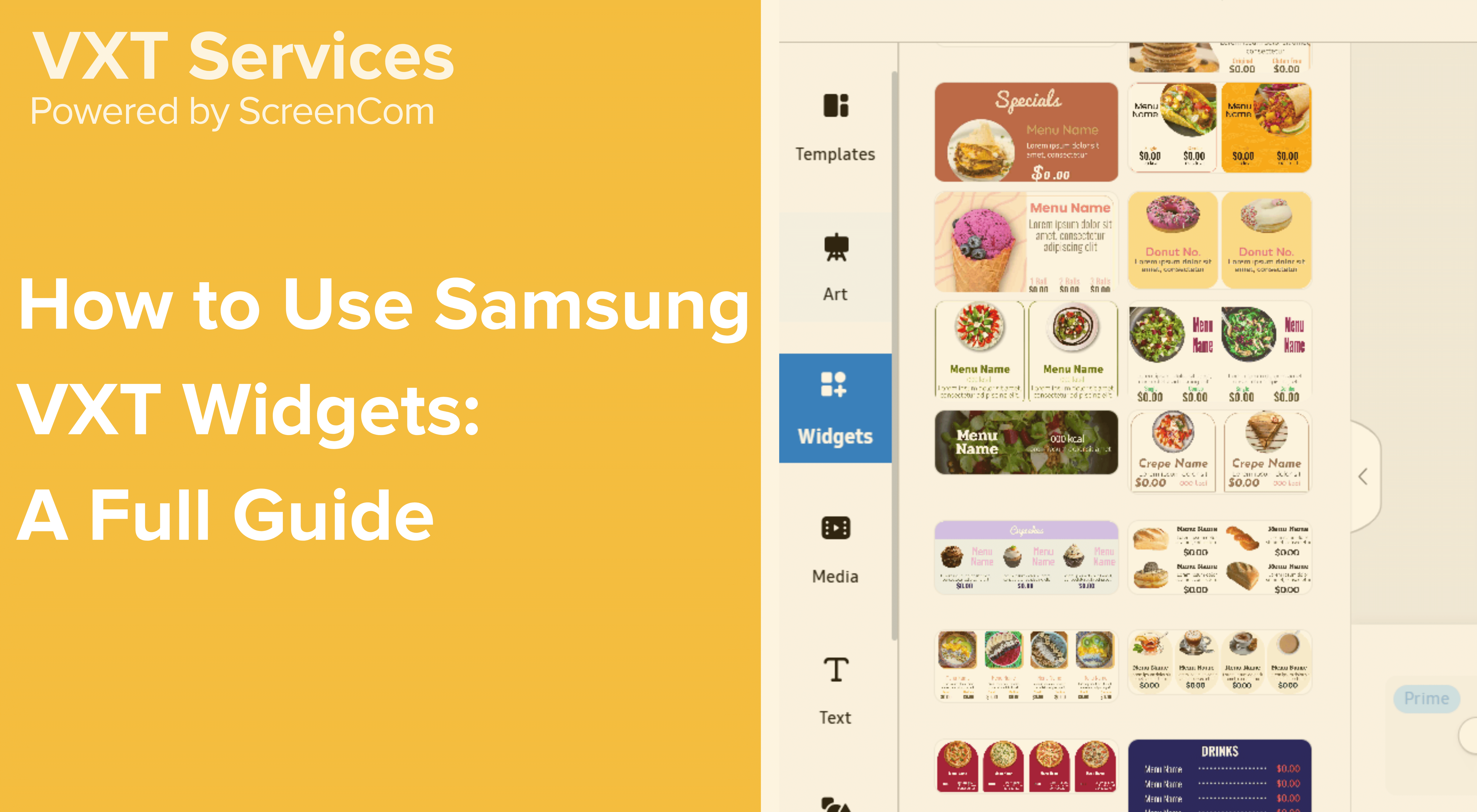 Screenshot of the VXT guide titled “How to Use Samsung VXT Widgets” on a yellow background, next to the VXT Canvas showing widgets and menu options.